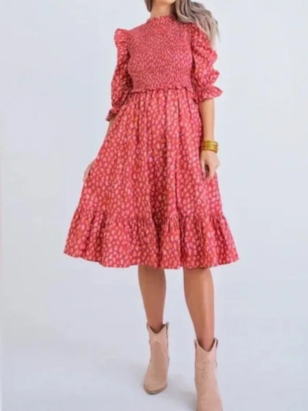 Karlie Smocked Poplin Midi Dress Prairie ruffle Red Leopard Print Size Large